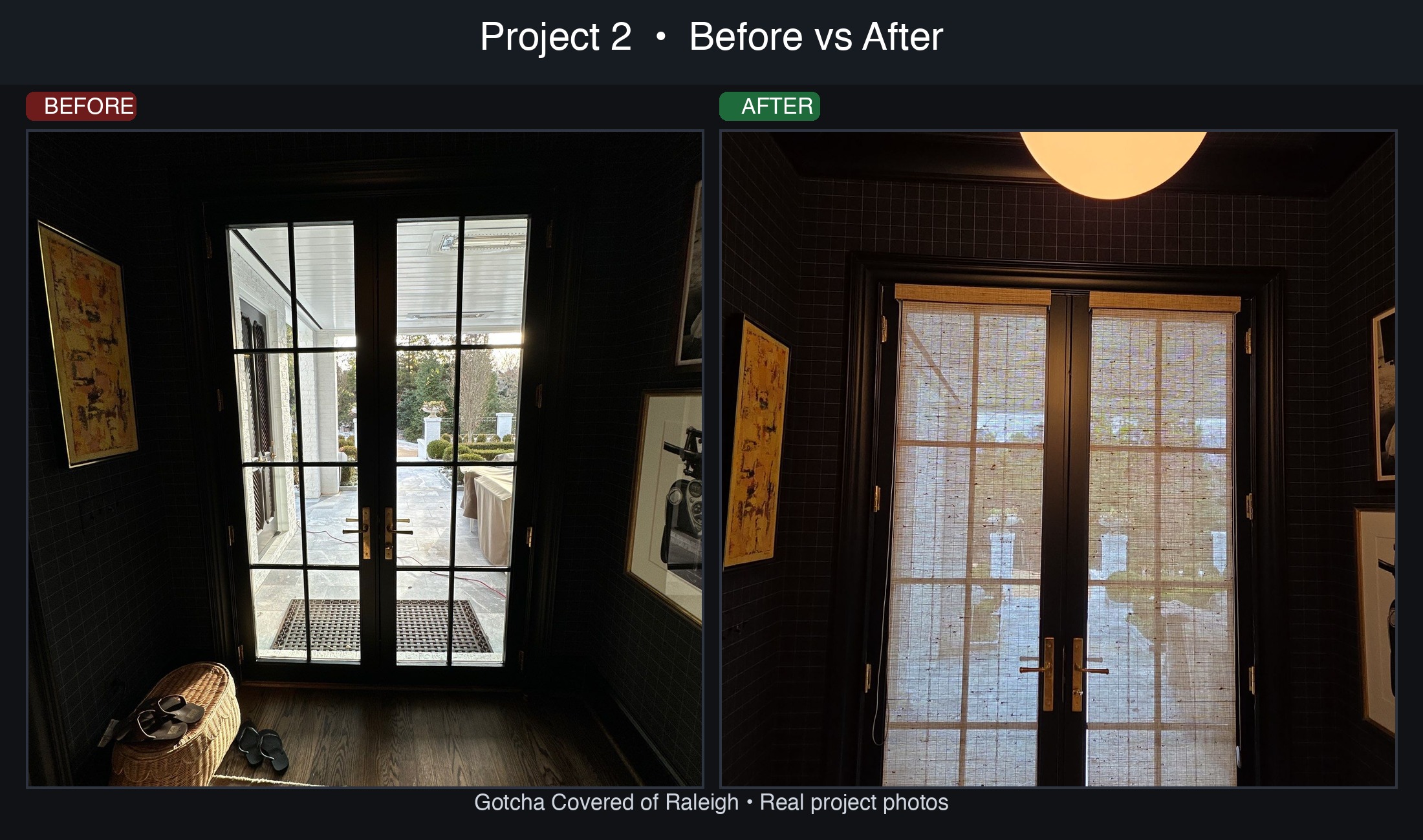 Before and after living room project by Gotcha Covered of Raleigh