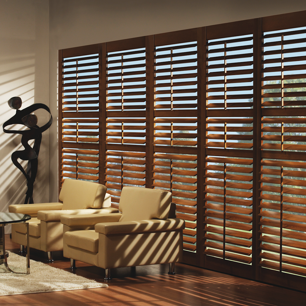 Wood plantation shutters in living room